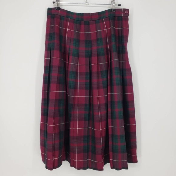 Vintage Dresses & Skirts - Lairds of Scotland Tartan Plaid Pleated Midi Skirt Wool Maroon Green Stuart Clan